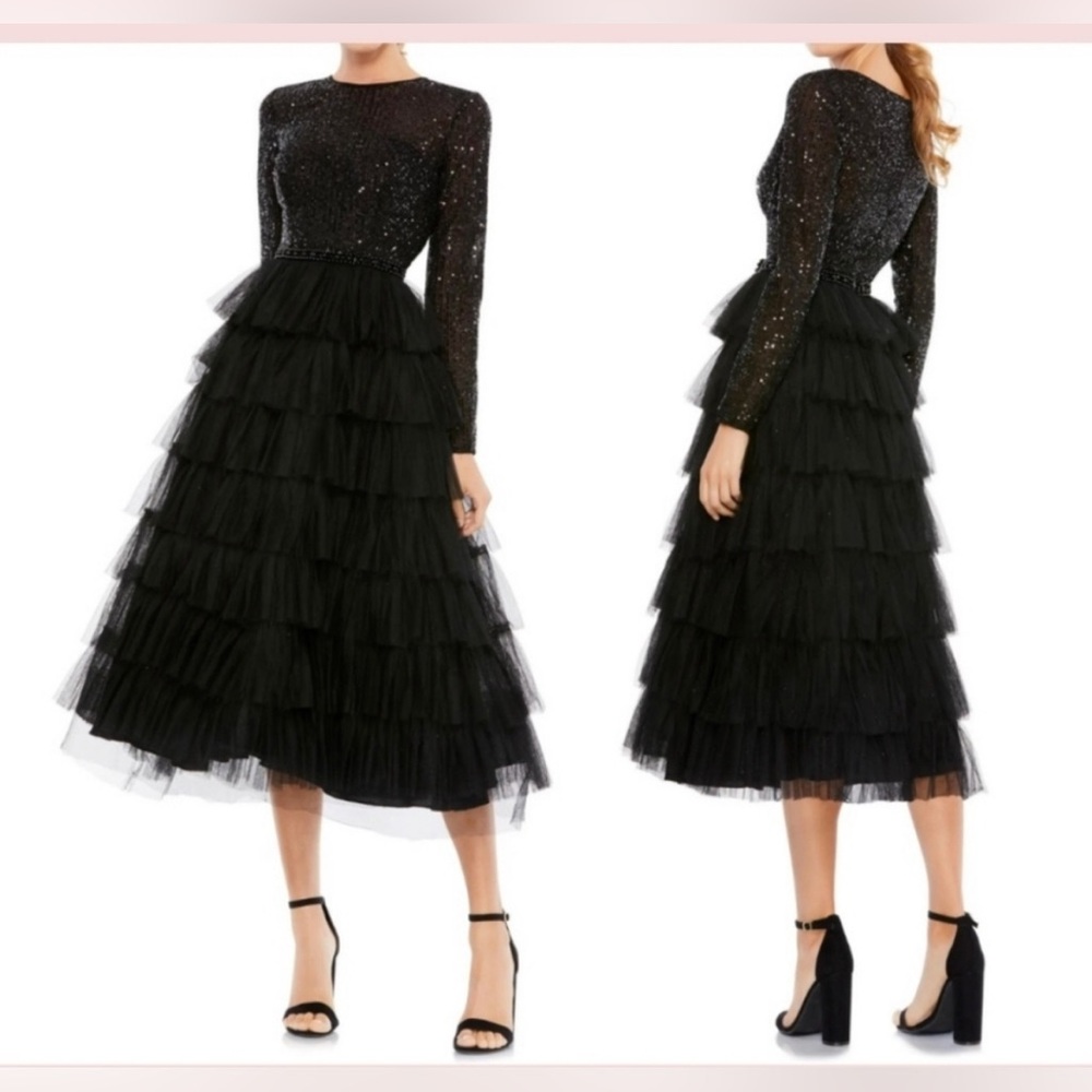NWT MAC DUGGAL LONG SLEEVED RUFFLE TIERED MIDI DRESS BLACK  26299